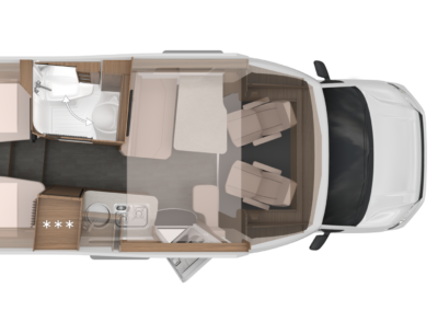 Top-down floor plan of a camper van showing rear bedroom, mid bathroom, kitchen, and front lounge with driving seats.