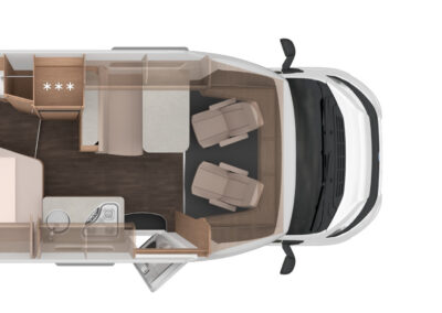 Top-down view of a motorhome floorplan showing bedroom, bathroom, kitchen, and front driving area in a compact camper van layout