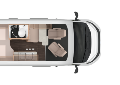 Top-down floor plan of a camper van: rear double bed, mid bathroom, kitchenette with stove, and front lounge area with cab seats.