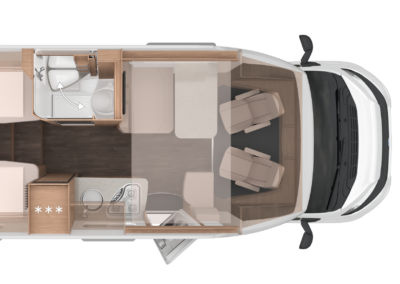 Top-down floor plan of a camper van: rear twin beds, small bathroom, kitchen, lounge, and driving cab.