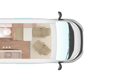 Top-down view of a camper van interior: front cab at right, living area with two lounge seats, a kitchen with stove, a dinette, and a rear bedroom with a sofa and orange cushions.