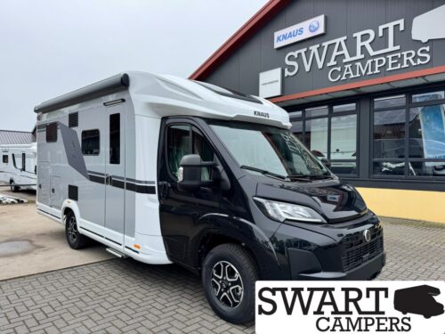 KNAUS LIVE WAVE 650 MEG BLACK SELECTION - Swart Campers Motorhome with black and white cab parked outside a Swart Campers showroom; brand Knaus visible on the vehicle's front