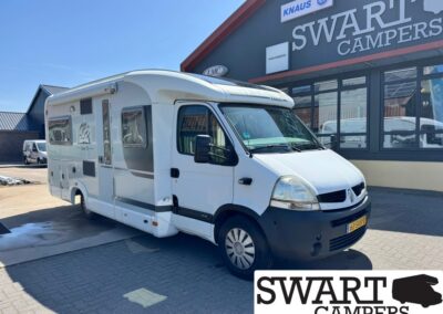 White camper van parked outside a SWART CAMPERS storefront, with a blue sky and KNAUS branding visible on the roof.