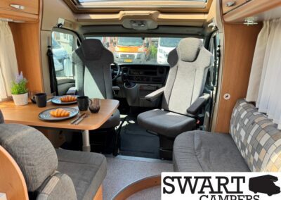Cozy camper van interior with a small table set for breakfast: two croissants on plates, mugs, and a potted plant; front seats and dashboard visible.