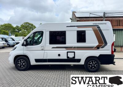 White Weinsberg camper van with brown/gray graphic stripes parked in a lot, Swart Campers logo visible in corner.