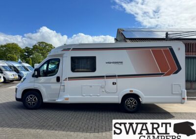 White camper van with orange geometric stripes parked in a lot; SWART CAMPERS logo in the bottom-right corner.