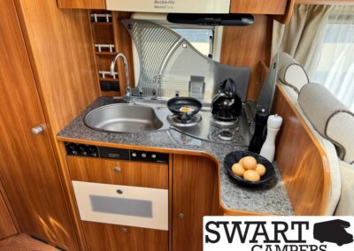 Compact caravan kitchenette with stainless sink, two-burner stove, kettle, frying pan, and a bowl of eggs on a speckled countertop; wood cabinets surround.