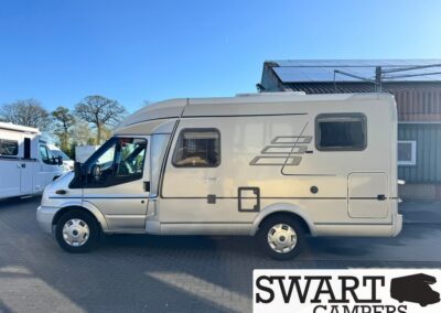 Silver motorhome parked on a paved lot under a clear blue sky, showing windows and side decals, with a Swart Campers watermark in the corner.