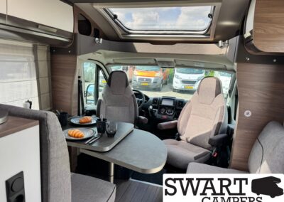 Camper van interior with a round dining table set for two, plates with croissants and cups, gray upholstery, and a skylight overhead. From the front passenger area looking toward the cockpit; parked vehicles visible outside the windshield.