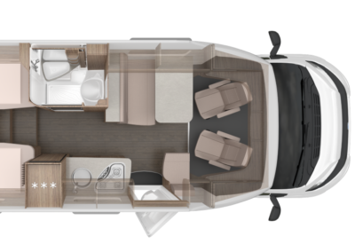 Top-down view of a camper van interior: rear twin beds, central kitchenette and bathroom, and front seating/cab area with driver seats