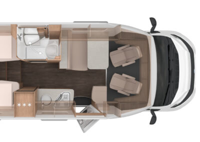 Top-down layout of a motorhome interior showing two sleeping areas, a compact kitchen, a bathroom, and front cab seats