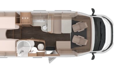 Top-down view of a motorhome interior: bedroom rear, kitchen and dining area center, bathroom left of hall, and driver cab at front with seating area nearby.