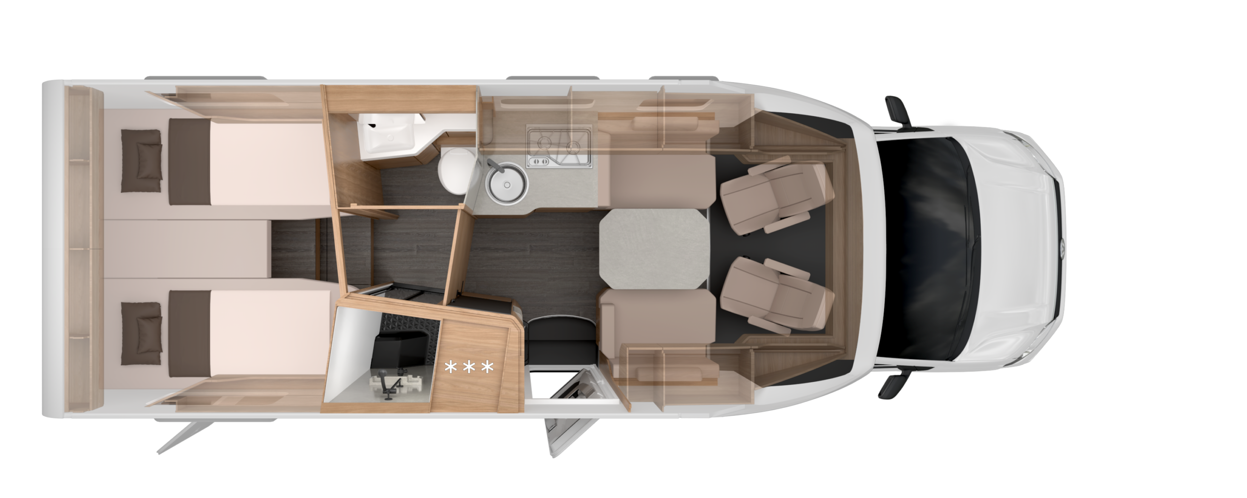KNAUS SKY TI VW 700 DEG - Swart Campers Top-down layout of a camper van interior: rear double beds, central kitchen and bathroom, and front seating area around a table.