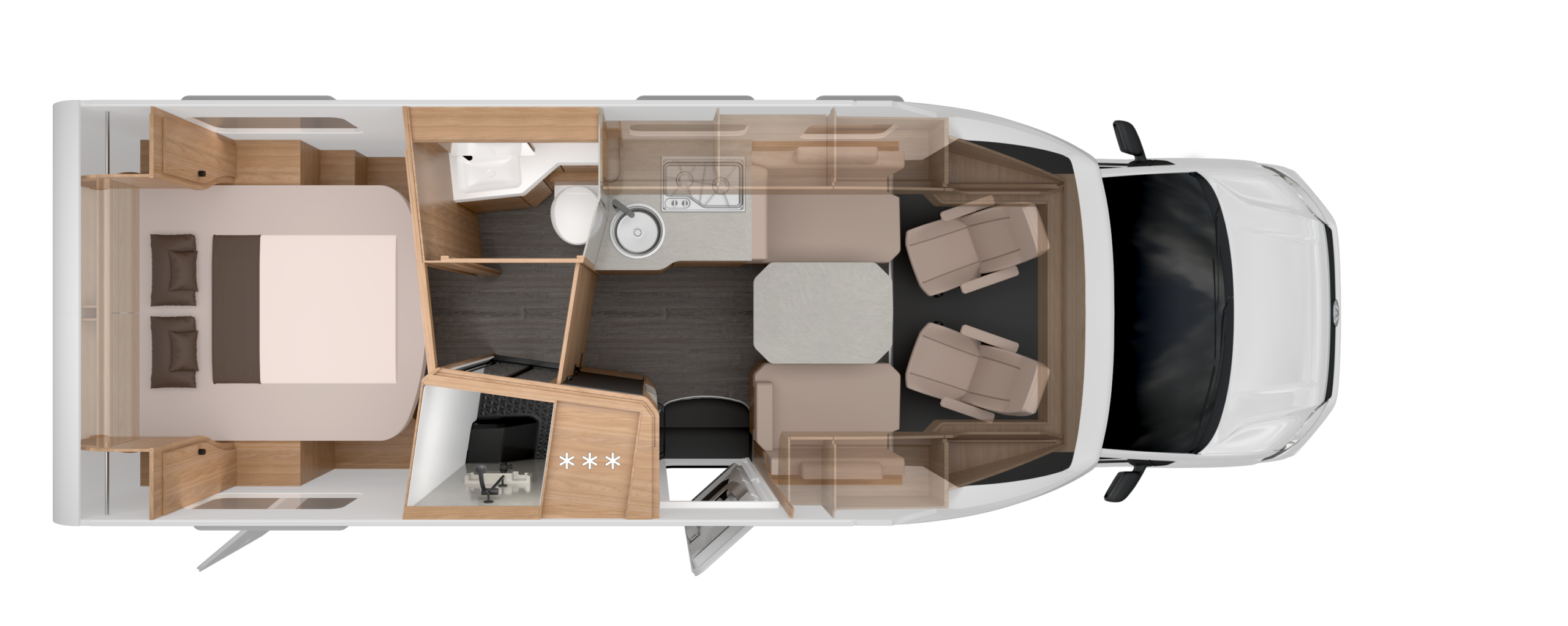 KNAUS SKY TI VW 700 DX - Swart Campers Top-down view of a motorhome floor plan: rear bedroom, central kitchenette and bathroom, and front lounge with dinette and driver/passenger seats.