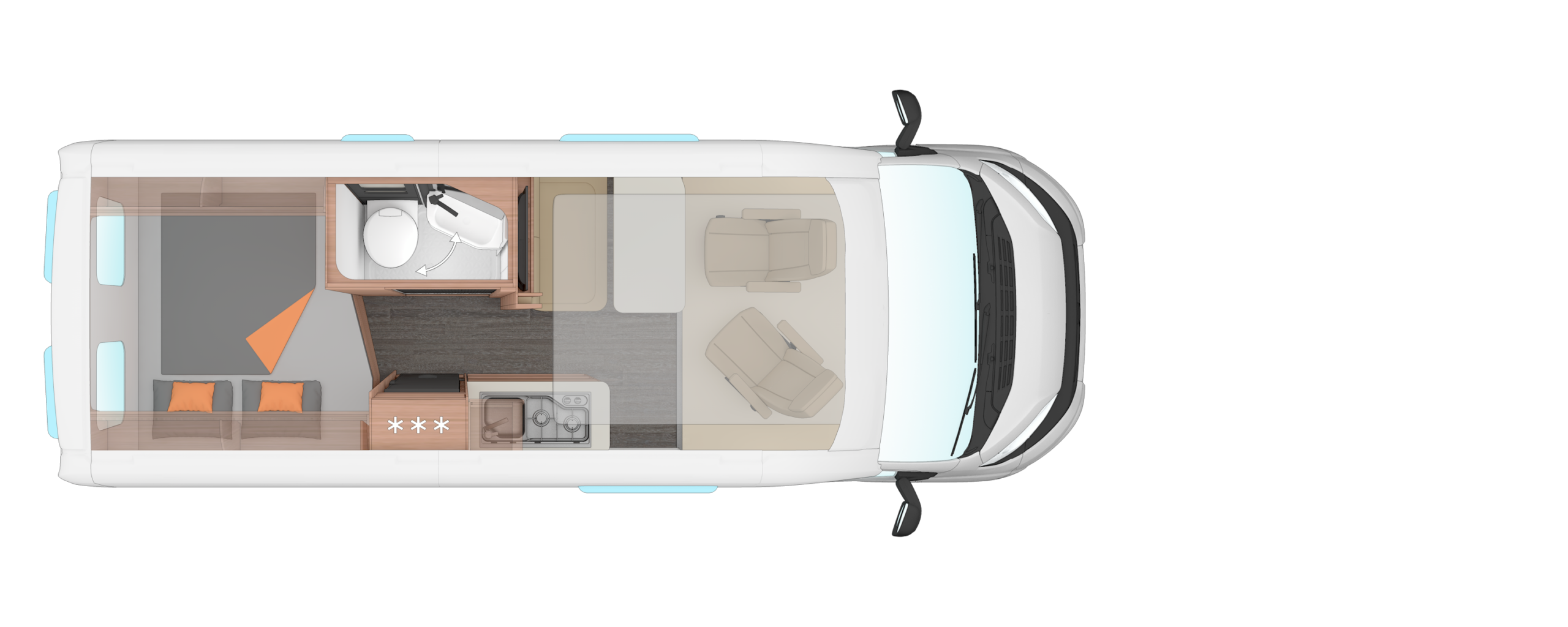 3300_R47_600-DQ_GR-T_2027 - Swart Campers Top-down view of a camper van interior showing living area with sofa, kitchenette, bathroom, bed, and driving cab along a single long layout.