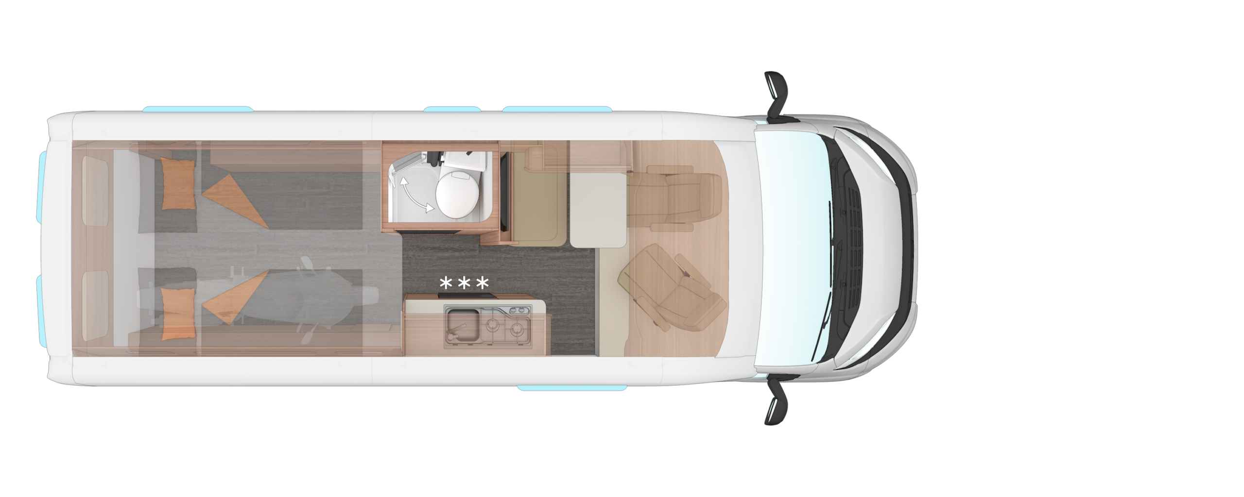 3300_R47_630-MEG_GR-TN_2027 - Swart Campers Top-down floor plan of a camper van: driver area at the front, living/dining area, kitchenette, and rear bedroom with beds and seating.