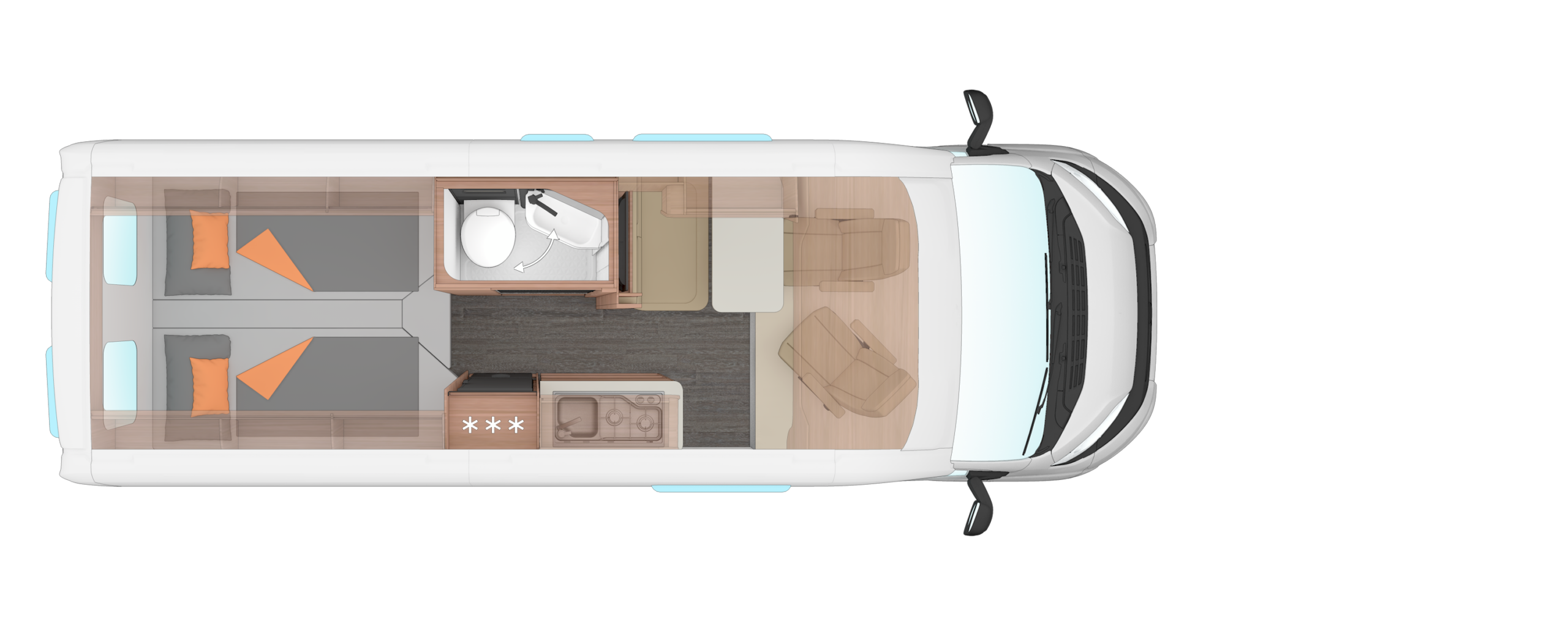 3300_R47_630-ME_GR-TN_2027 - Swart Campers Top-down view of a camper van interior: two rear beds, small bathroom, kitchen, and front driving area with seating and table.