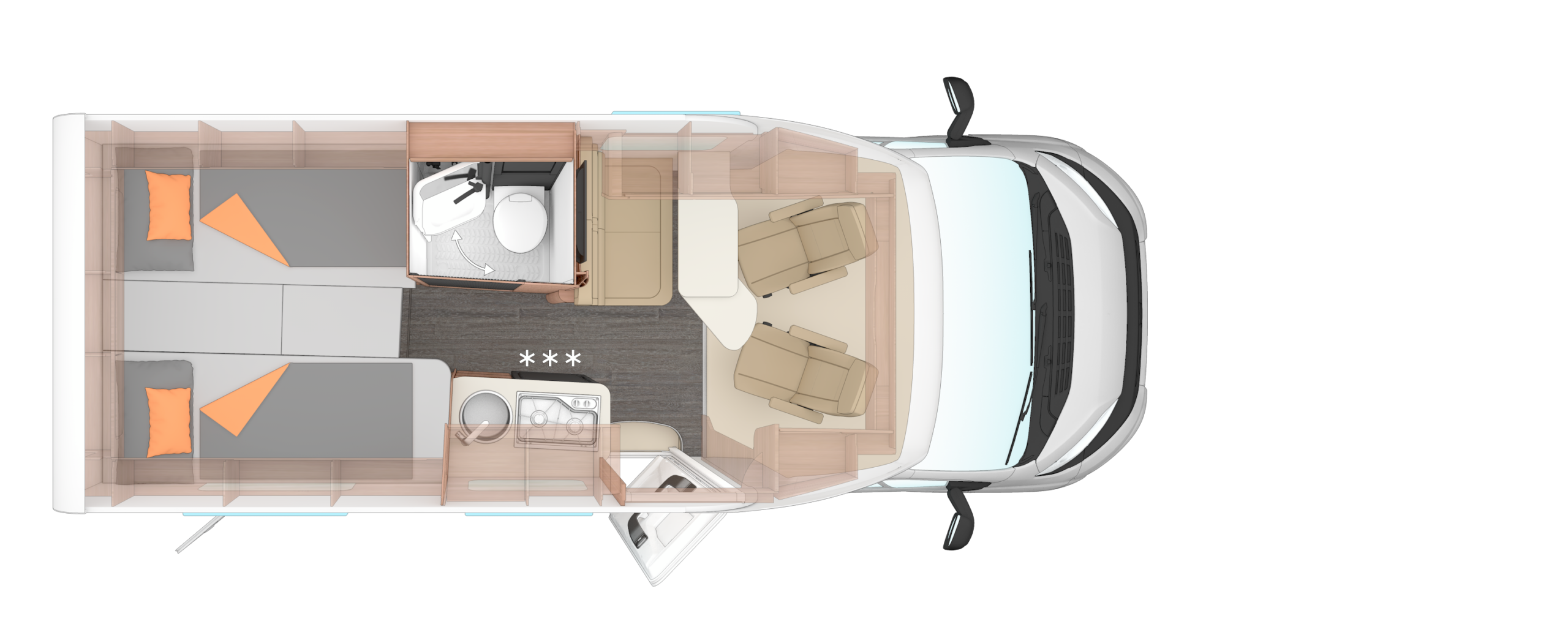 WEINSBERG CARACOMPACT 580 MEG - Swart Campers Top-down layout of a camper van interior: two rear beds, kitchenette with stove and sink, and a seating area near the front.