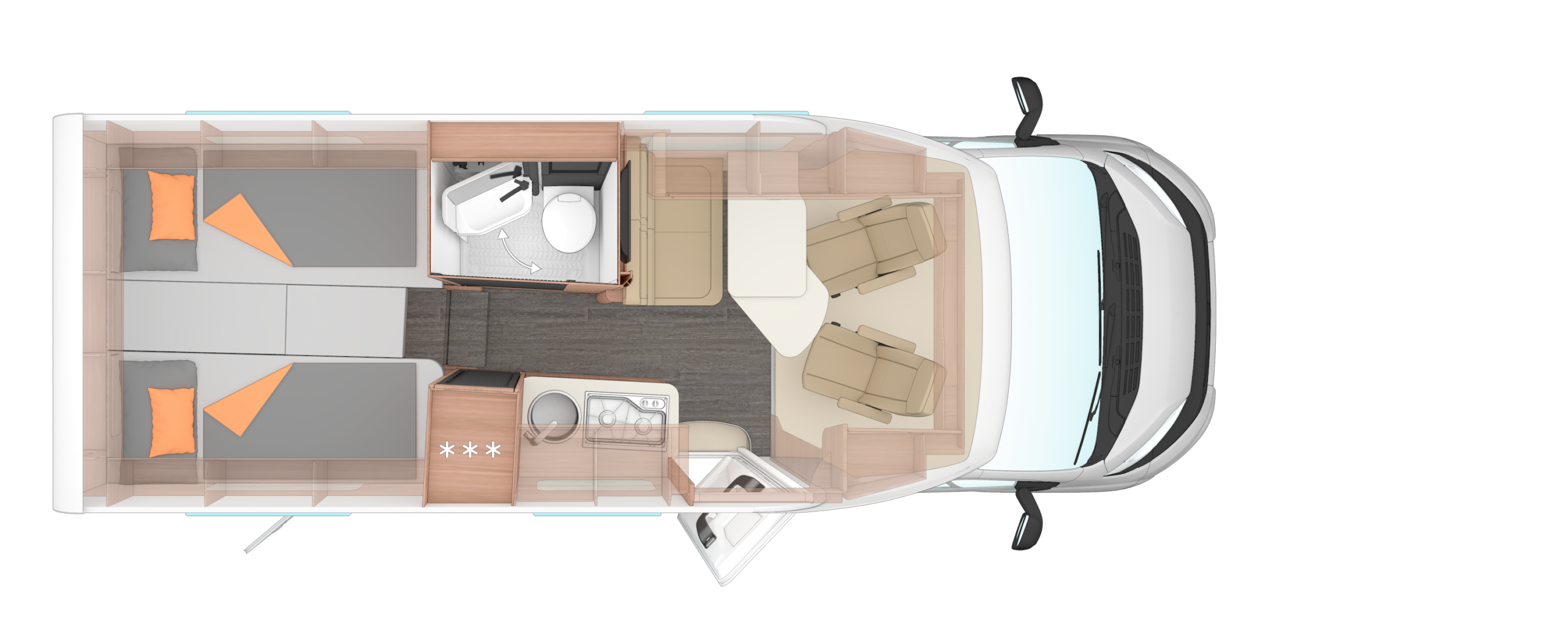 WEINSBERG CARACOMPACT 600 MEG - Swart Campers Top-down view of a camper van interior: front driving cab, dinette, kitchenette, compact bathroom, and rear twin beds with orange pillows.