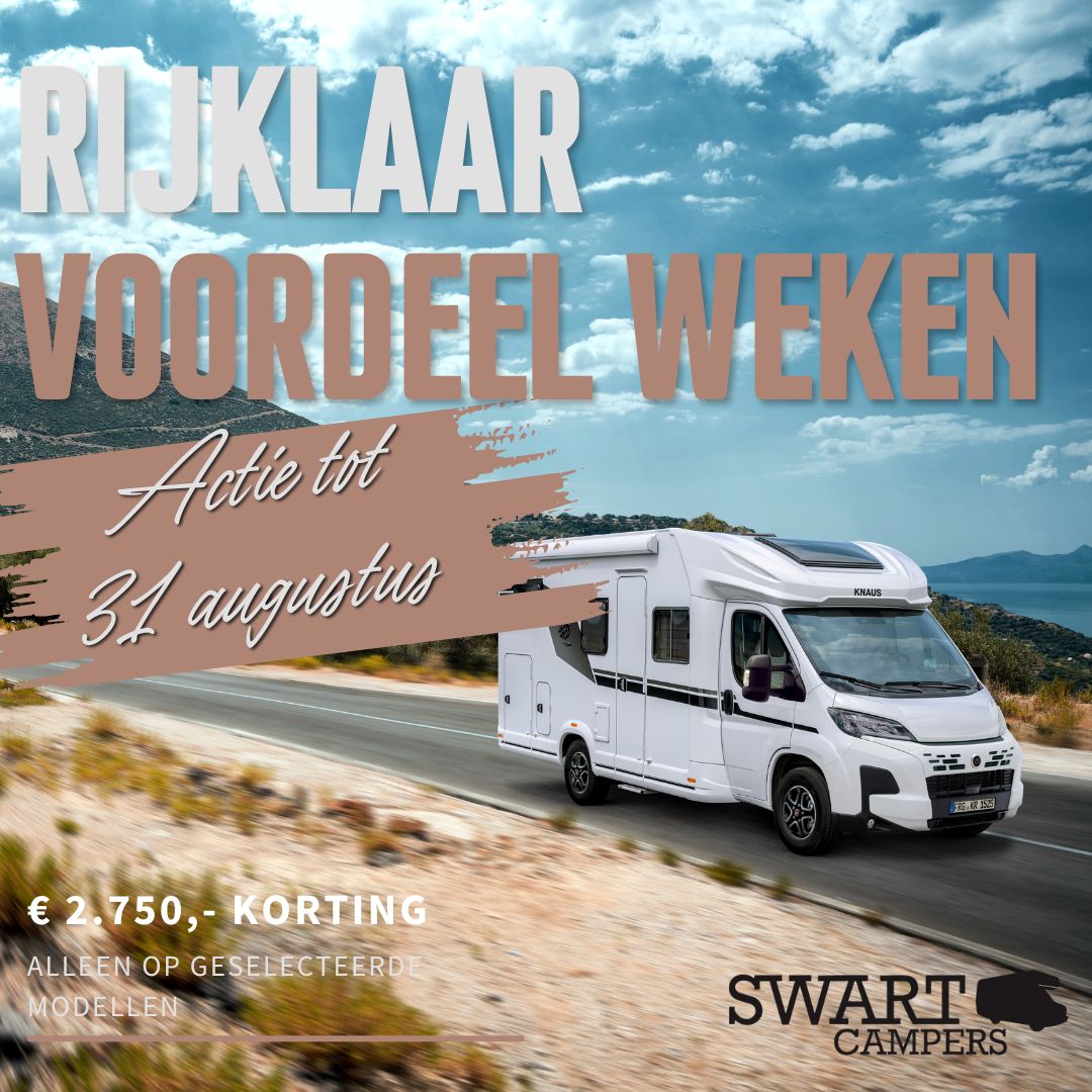 Rijklaar Voordeel Weken - Swart Campers Promotional poster showing a white camper on a coastal road with bold Dutch text advertising savings and a discount offer from Swart Campers.