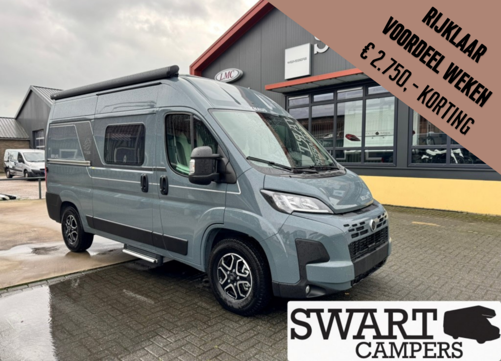 Grey camper van parked outside a showroom with a large brown diagonal sale banner advertising 2,750 discount (Rijklaar voordeel) and Swart Campers logo.