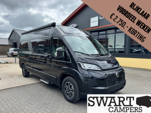 Black camper van at a dealership with a diagonal promo banner: 'RijkaAR Voordeel Week €2.750,- korting' and 'Swart Campers' logo visible