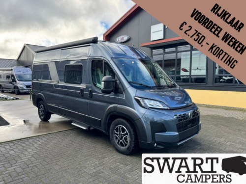 Grey camper van parked outside a showroom, with a diagonal brown sale banner in the top-right advertising €2,750 korting; Swart Campers sign visible.