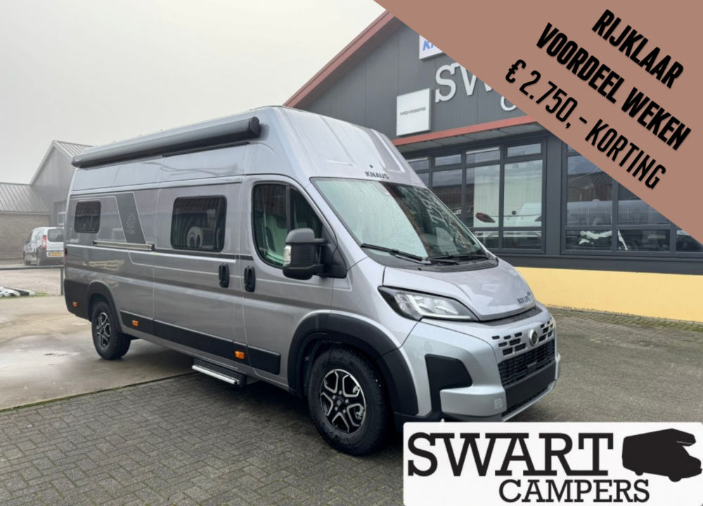 KNAUS BOXLIFE 630 ME PLATINUM SELECTION - Swart Campers Silver camper van parked outside a showroom with a large sale banner in the top-right corner offering €2,750 discount.