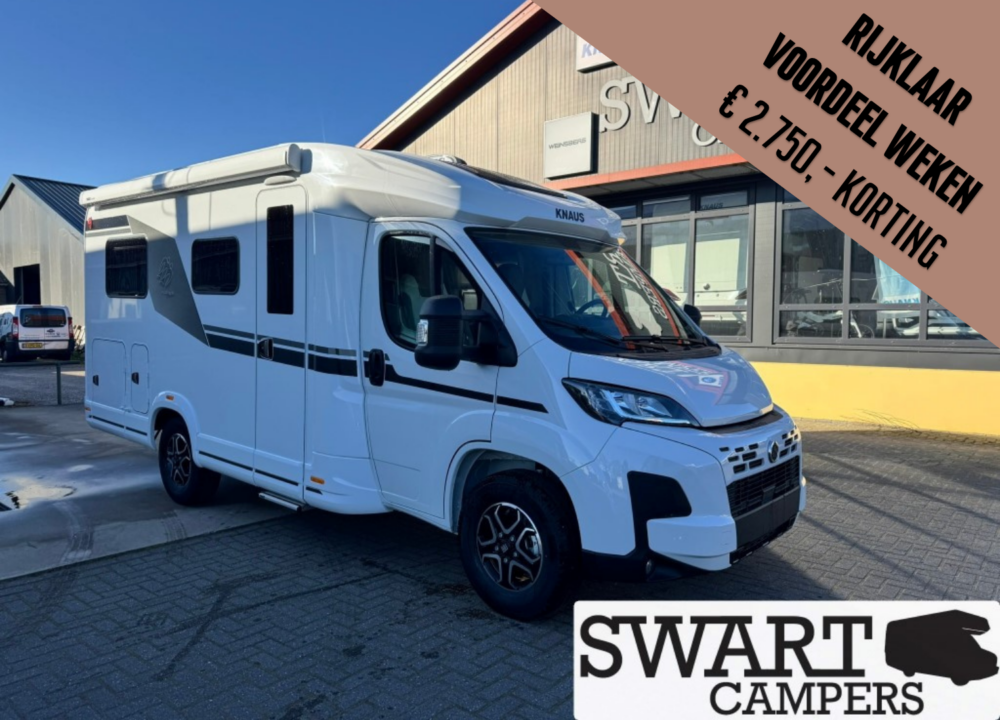 White camper van parked outside Swart Campers with a brown diagonal banner announcing weekly deal and discount (€2,750).