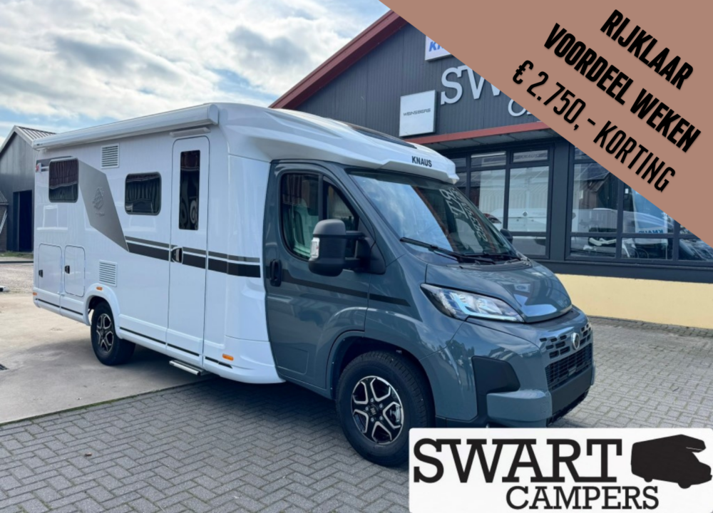 KNAUS LVE TI 650 MEG PLATINUM SELECTION - Swart Campers White and gray motorhome parked outside a showroom with a large promotional banner in the top-right corner reading a Dutch discount offer, Swart Campers signage visible.