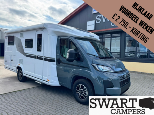 White and gray motorhome parked outside a showroom with a large promotional banner in the top-right corner reading a Dutch discount offer, Swart Campers signage visible.
