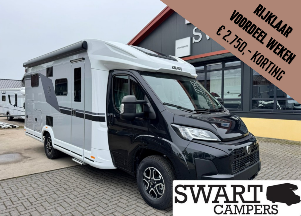 KNAUS LVEWAVE 650 MEG BLACK SELECTION - Swart Campers White and gray Knaus motorhome on a dealership lot, with a brown diagonal promo banner in the corner.
