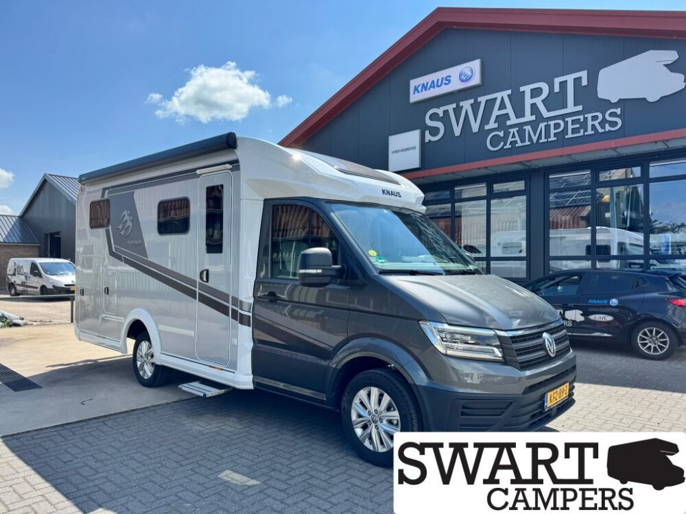 KNAUS VAN TI PLUS 650 MEG PLATINUM SELECTION - Swart Campers Grey and white Knaus motorhome parked outside the Swart Campers dealership on a sunny day.