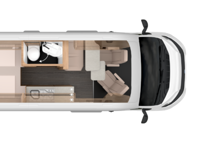 Top-down floor plan of a camper van: rear twin beds, central bathroom, kitchenette, and front driving area with seating.