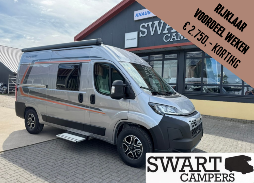 Silver camper van parked outside a Swart Campers showroom; a large brown diagonal banner advertises a €2,750 discount.
