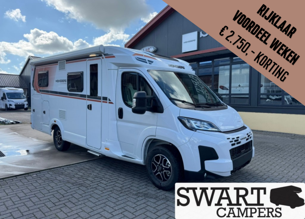 WEINSBERG CARACOMPACT 600 MEG EDITION PEPPER - Swart Campers White motorhome parked outside a showroom, with a large discount banner reading €2.750,- KORTING across the top-right corner. Swart Campers logo visible.
