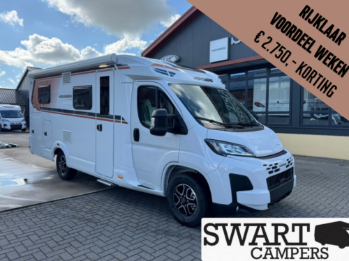 WEINSBERG CARACOMPACT 600 MEG EDITION PEPPER - Swart Campers White motorhome parked outside a showroom, with a large discount banner reading €2.750,- KORTING across the top-right corner. Swart Campers logo visible.