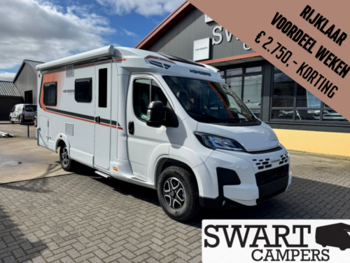WEINSBERG CARACOMPACT 600 MF EDITION PEPPER - Swart Campers White camper van parked on a paved lot beside a building, with a large brown sale banner in the top-right corner and a Swart Campers logo visible at the bottom.