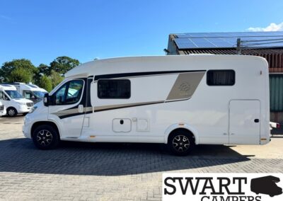 White motorhome with beige and black stripe, shown in side view on a paved lot under a clear blue sky.