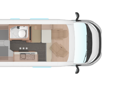 Top-down layout of a camper van interior showing sleeping areas, kitchenette, and seating with driving cab at the front.