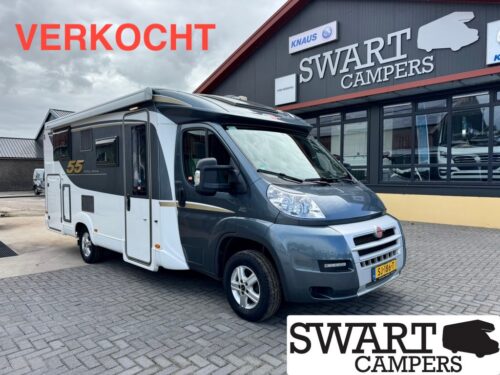 Sold motorhome parked outside Swart Campers showroom, with a bold 'VERKOCHT' label across the image.
